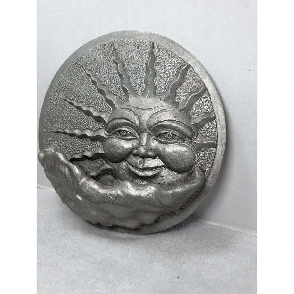 Vintage Ceramic Sun Face Wall Plaque Planter 11 in Silver Celestial 3D Art